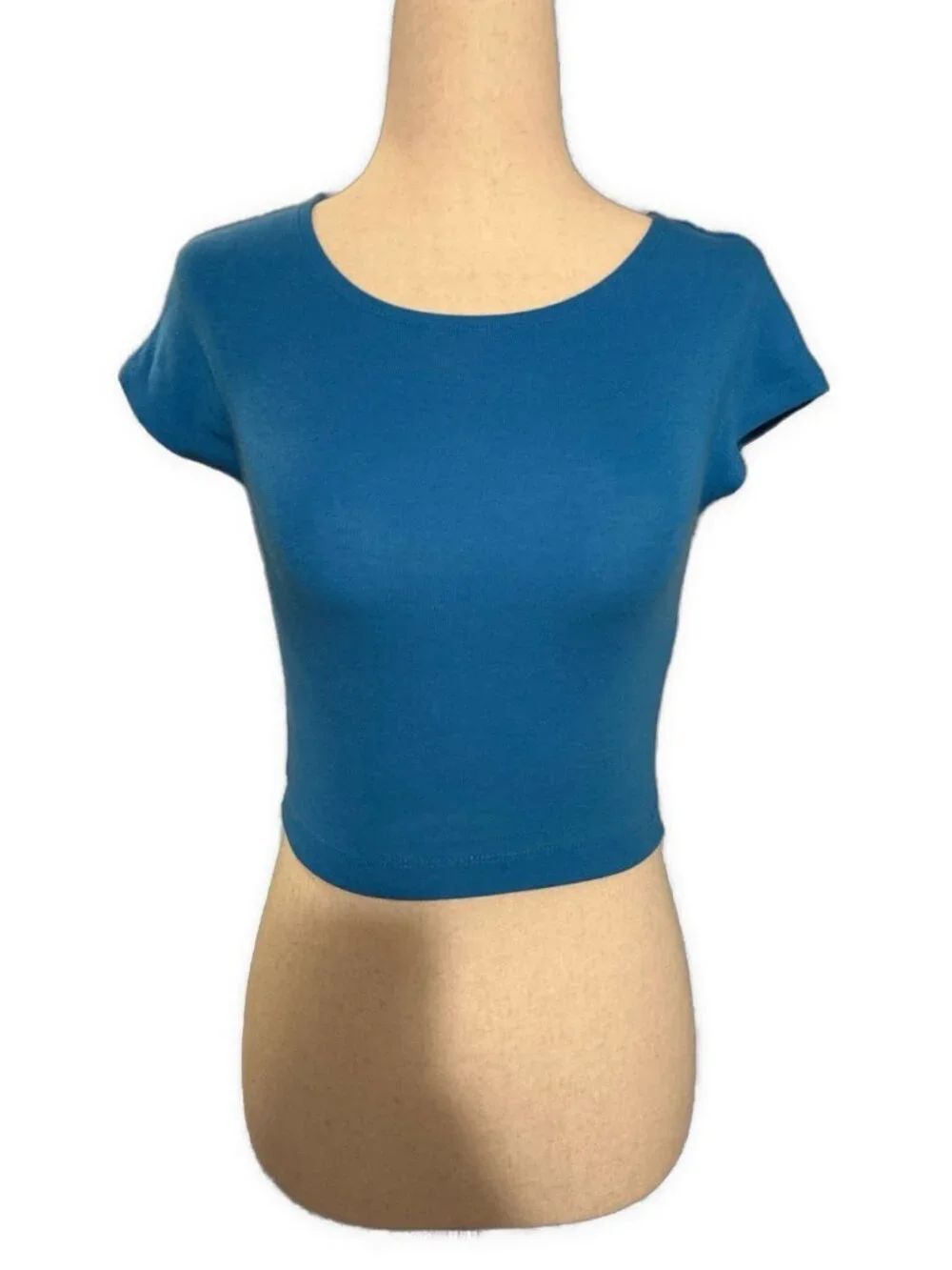zara solid blue short sleeve crew neck crop top T Shirt Bodycon Fitted Small